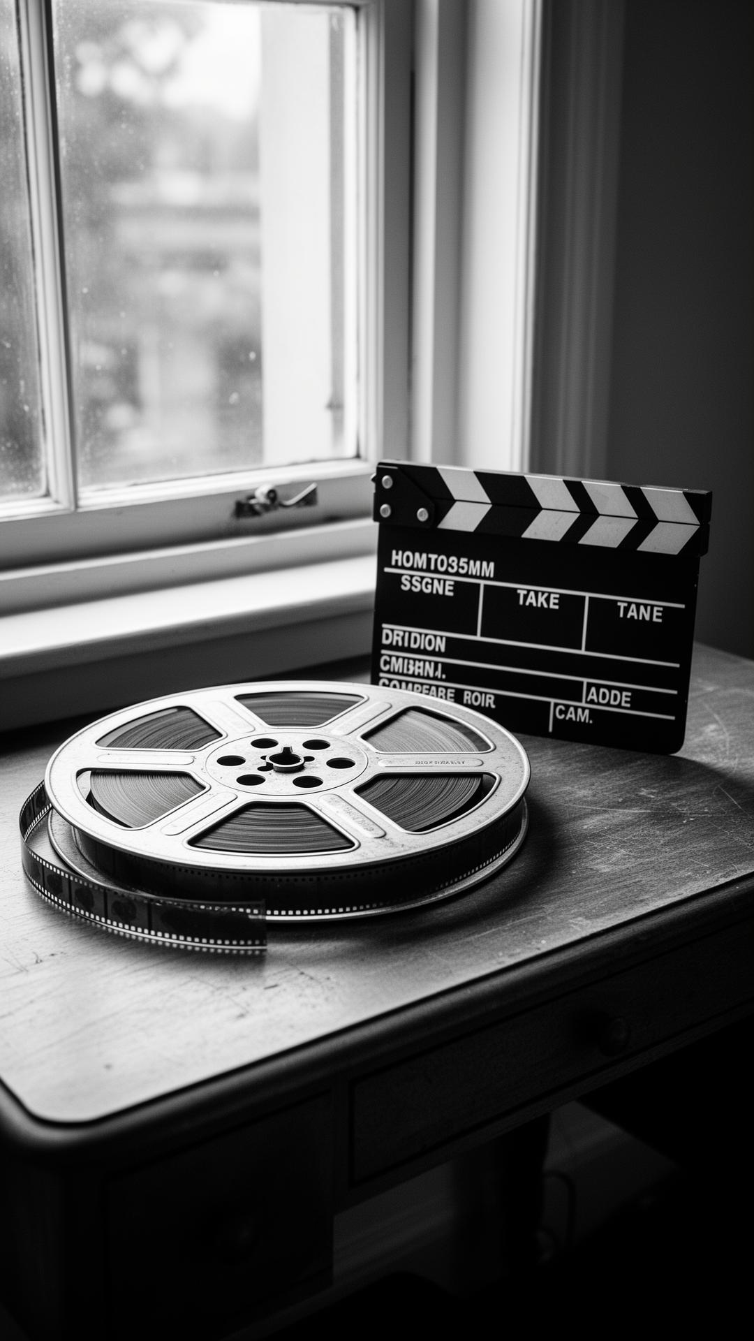 A vintage 35mm film reel and clapperboard